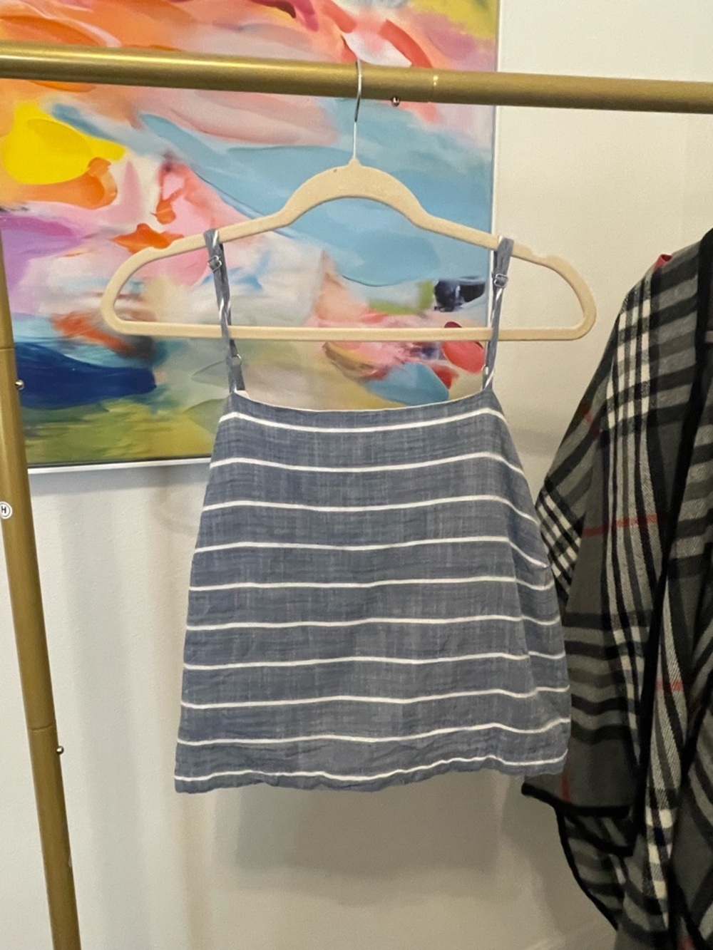 Striped Blue Linen-Blend Spaghetti Strap Top‎ XXL Summer Vacation Preppy